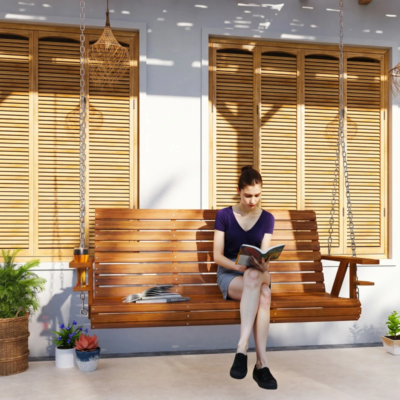 Outsunny 3-Seater Swing Bench, Wooden Porch Swing with Cupholders, Hanging Chains for Patio Garden, Carbonized