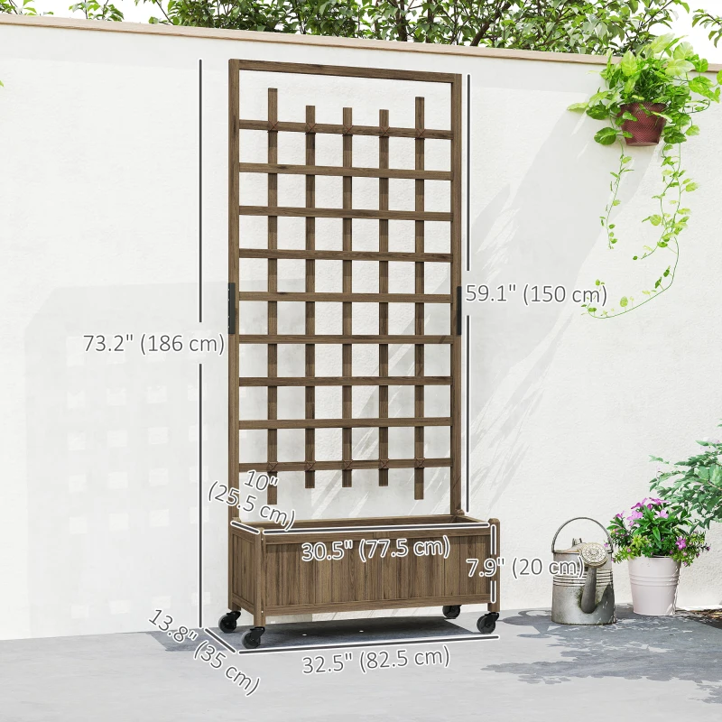 Outsunny Wooden Planter with Trellis, Raised Garden Bed with Wheels, Drainage Holes for Climbing Plants, Flowers, Brown