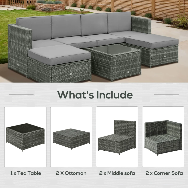 Outsunny 7pcs Wicker Rattan Sectional Set Outdoor Patio Sofa Table Footstools Set Garden Furniture with Cushions, Grey