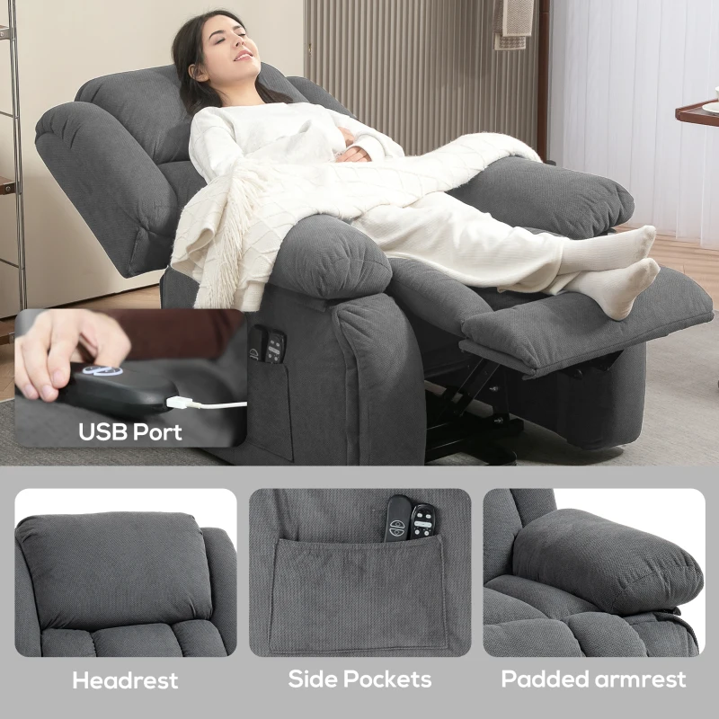 HOMCOM Overstuffed Power Lift Recliner Chair with Vibration Massage and Heat, Side Pockets, Pocket Spring, for Adults, Gray
