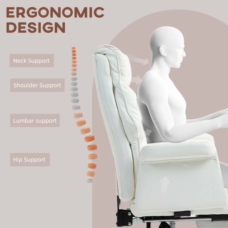 HOMCOM PU Leather Executive Office Chair, Ergonomic and Reclining Office Desk Chair with Footrest, White