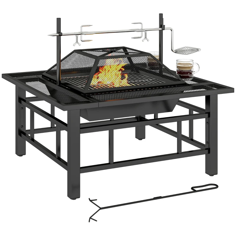 Outsunny 31.9" x 31.9" x 27.8" 2-in-1 Outdoor Fire Pit Firepit with BBQ Grill Grate, Wood Fire Pit with Adjustable Foot Pads, Outer Ledge, Poker, Mesh Lid for Backyard, Black