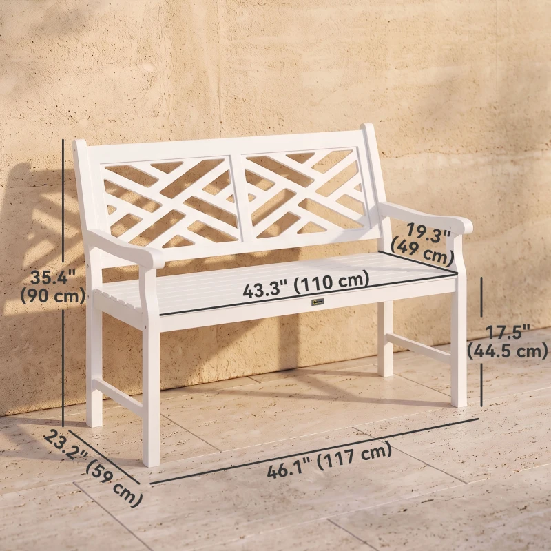 Outsunny 46" Outdoor Bench, Wooden Patio Loveseat with Slatted Frame and Armrests, 2 Seater Garden Bench for Porch, Lawn, White
