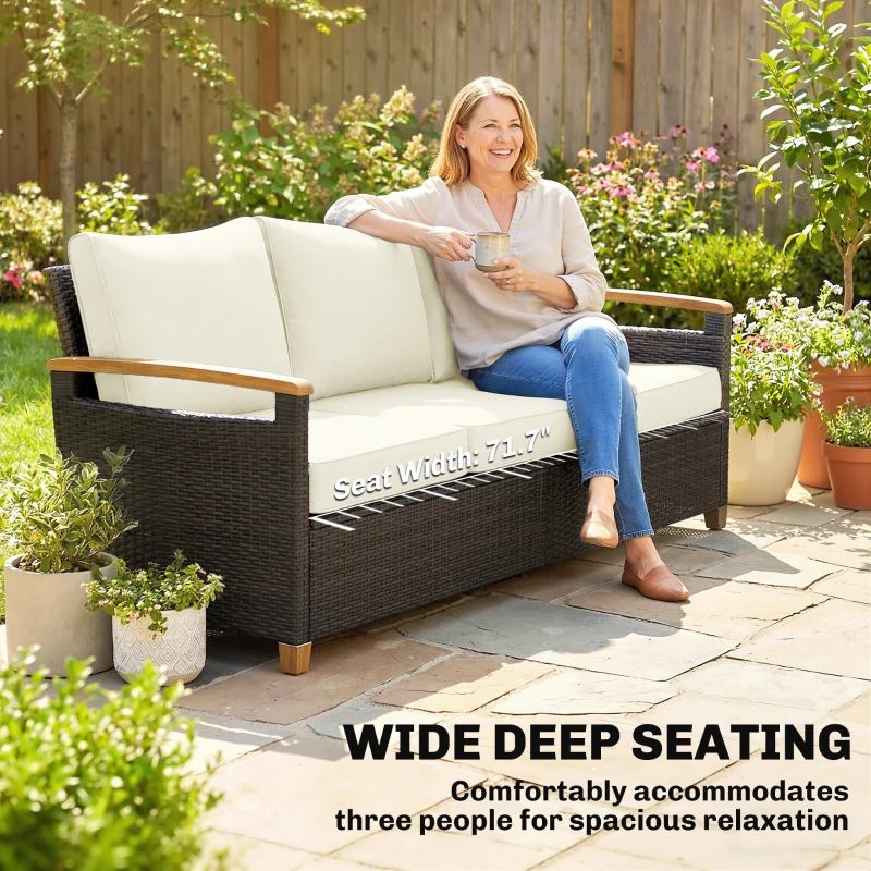 Outsunny 3 Seater Outdoor Couch Sofa, PE Wicker Patio Furniture Couch, Wide Seat, 4" Cushions, Wood-Effect Armrests, Cream White