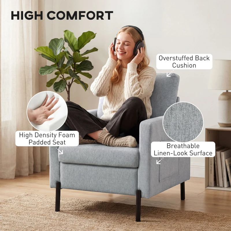 HOMCOM Accent Chair Modern Upholstered Armchair with Side Pockets and Cushion for Bedroom, Living Room, Light Grey
