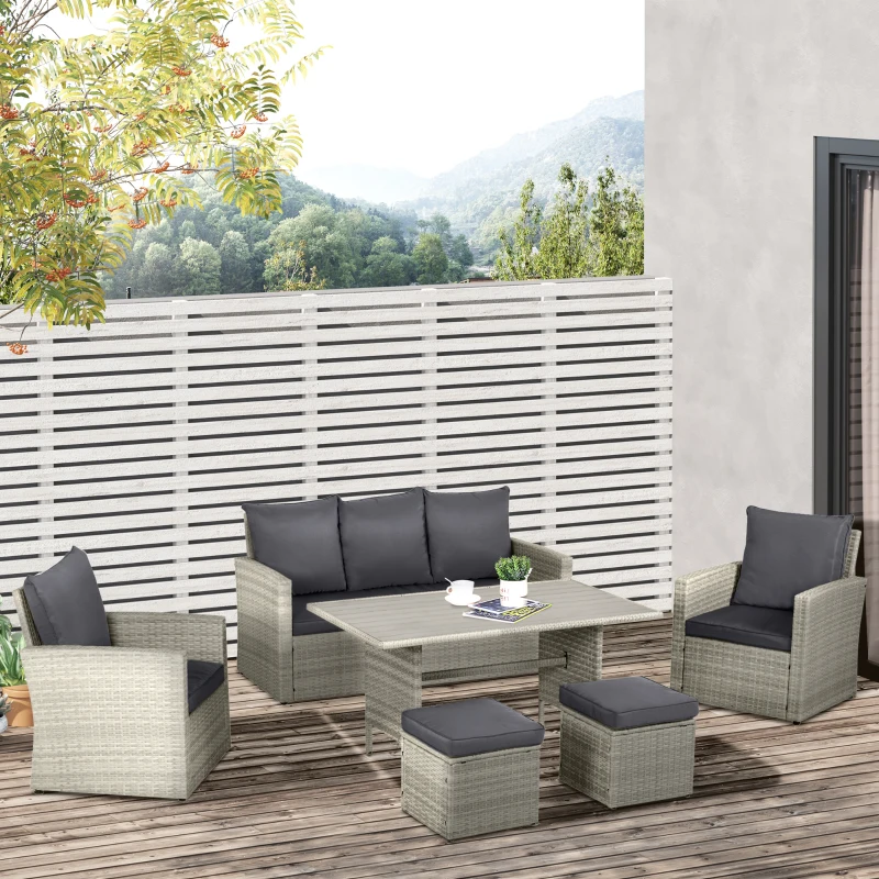 Outsunny Patio Dining Set, PE Rattan Furniture w/ 2 Chairs, Cushions & 3-Seat Sofa, Woodgrain Slatted Dinner Table, Mixed Gray