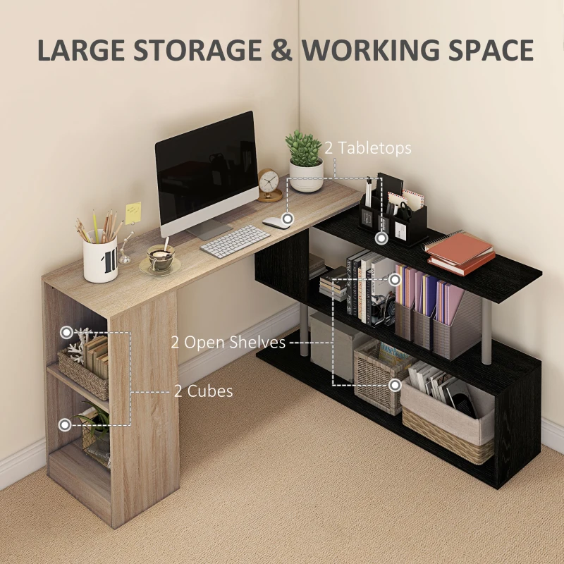 HOMCOM 55" Corner Computer Desk, 360° Rotating L-Shaped Desk, Home Office Workstation with 3-Tier Shelves, Bookshelf