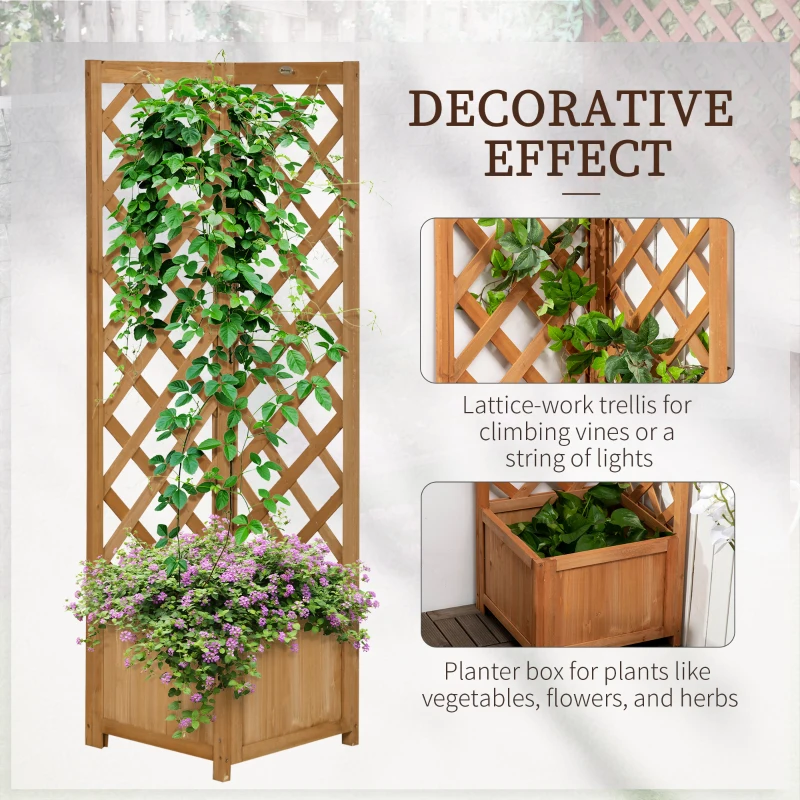 Outsunny Raised Garden Bed Wood Planter with Trellis for Vine Climbing, 16" x 16" x 57", Brown