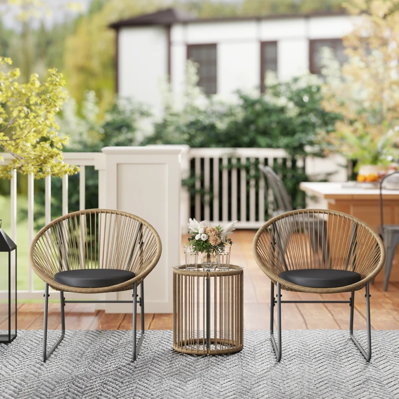 Outsunny Outdoor Bistro Set, 3 Piece Wicker Patio Furniture Set with 2 Chairs and Glass-Top Table, Natural Wood