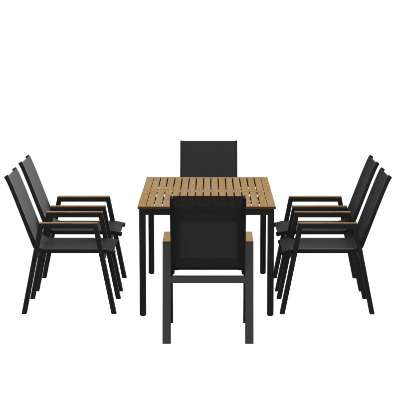Outsunny 7 Piece Outdoor Dining Set, Rectangle Patio Table and 6 Mesh Chairs with Slatted Tabletop for Backyard, Deck, Garden