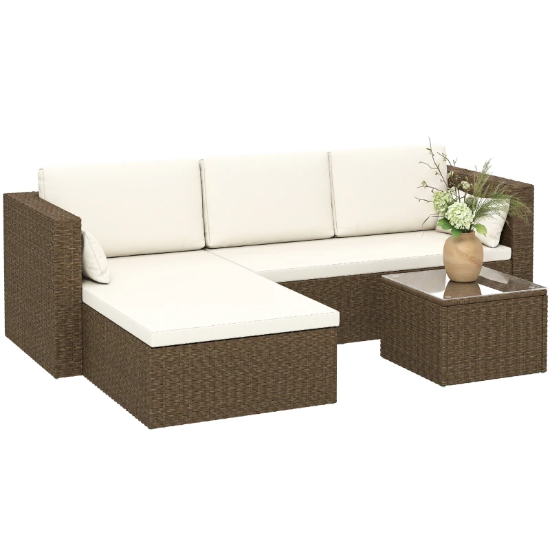 Outsunny 3pcs Modern Rattan Sofa Set, Wicker Patio Furniture Set with Coffee Table, Cushions, Pillows