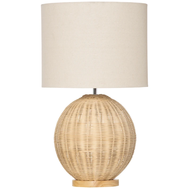 HOMCOM Nautical Style Table Lamp, Bedside Reading Light with White Fabric Lampshade and Rattan Base for E26 LED or Halogen Bulb for Living Room, Natural
