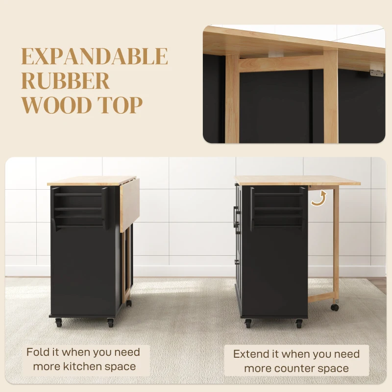 HOMCOM Rolling Kitchen Cart on Wheels with Drop Leaf, Kitchen Island with 3 Drawers, Solid Wood Top and Towel Rack, Black