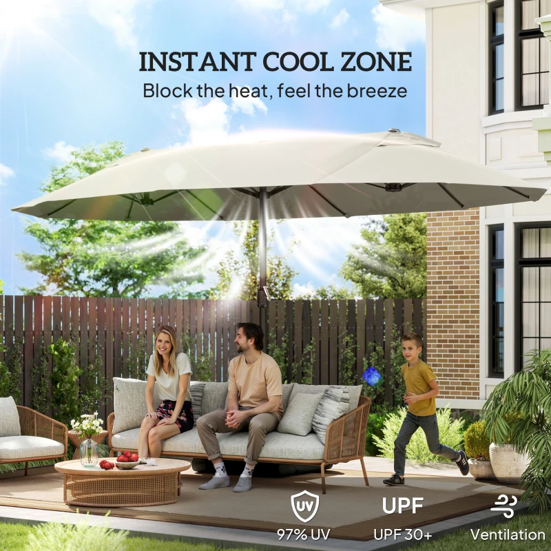 Outsunny 15' Outdoor Patio Umbrella with Twin Canopy Sunshade Steel Table Umbrella w/ Lift Crank, Cross Base, Sandbag, Cream