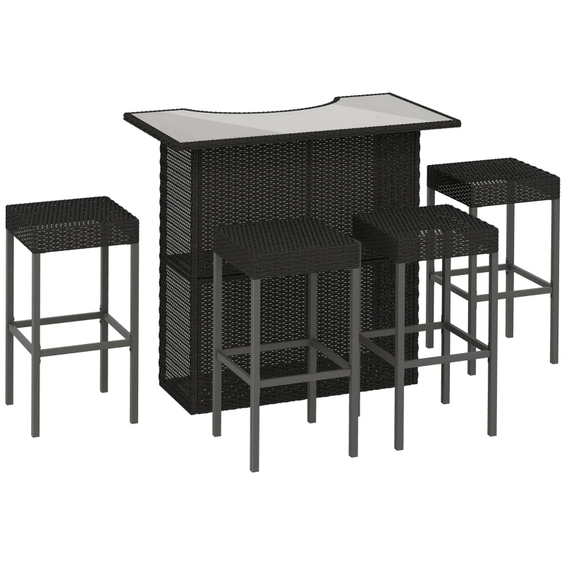 Outsunny 5 Pieces Patio Bar Set, Outdoor PE Rattan Wicker High Top Outdoor Table and Chairs Outdoor Bar Set with Tempered Glass Top Bar Table and Shelves, 4 Bar Chairs, Black