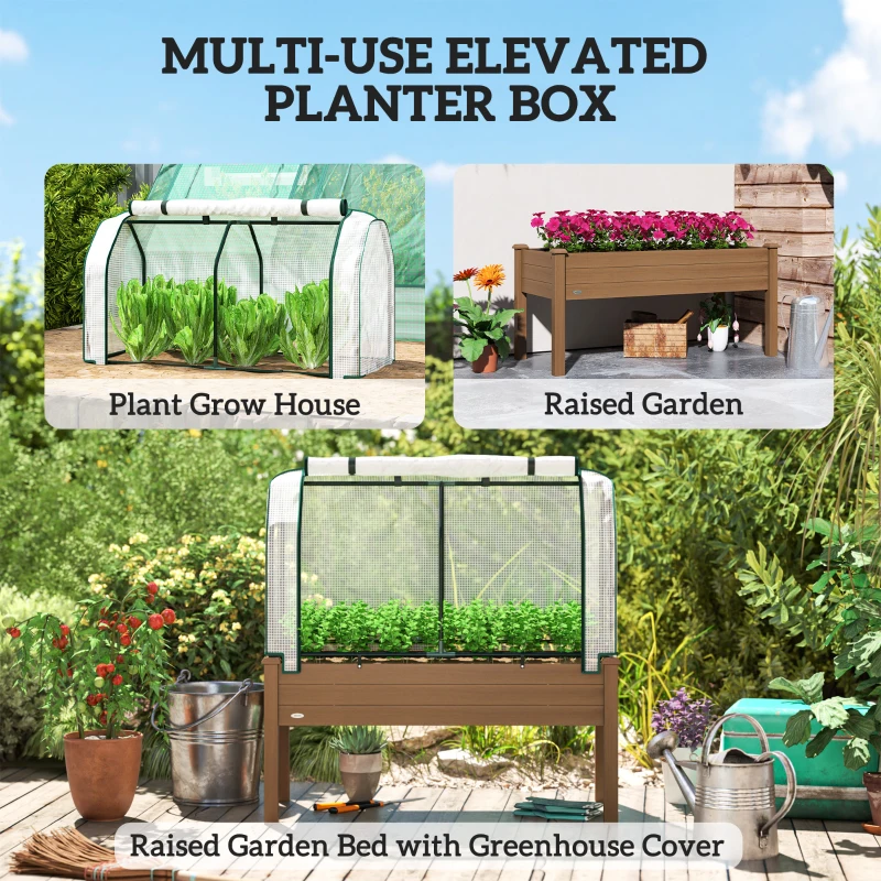 Outsunny Raised Garden Bed with PE Greenhouse Cover Outdoor Elevated Wood Planter Box for Herbs and Vegetables Brown