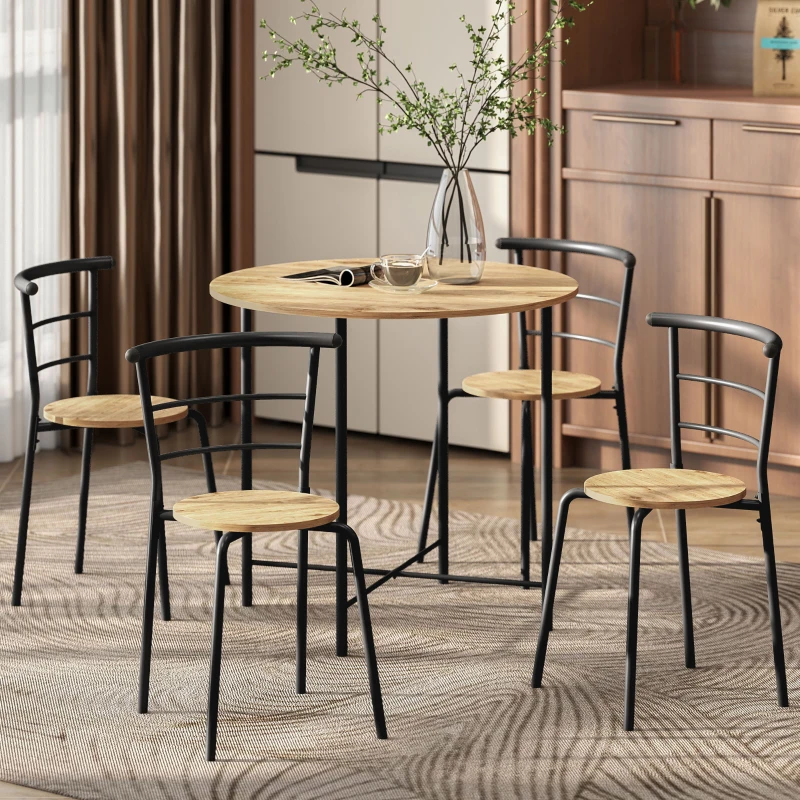 HOMCOM 5 Piece Dining Table Set, Space Saving Round Dining Set for 4 with Metal Frame for Small Spaces, Natural