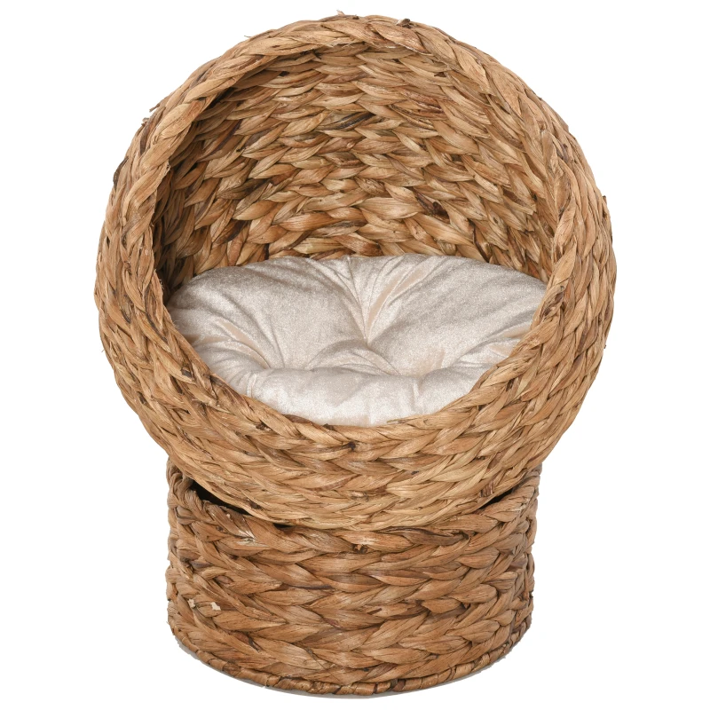PawHut Handwoven Elevated Cat Bed with Soft Cushion & Egg Chair Shape, Basket Bed Kitty House with Stand, Raised Wicker House for Indoor Cats, 23.5" H, Light Brown