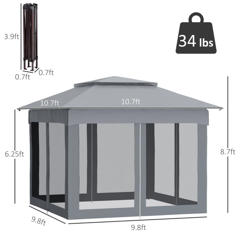 Outsunny 11' x 11' Pop Up Canopy, Outdoor Patio Gazebo Shelter with Removable Zipper Netting, Instant Event Tent w/ 114 Square Feet of Shade and Carry Bag for Backyard, Garden, Gray