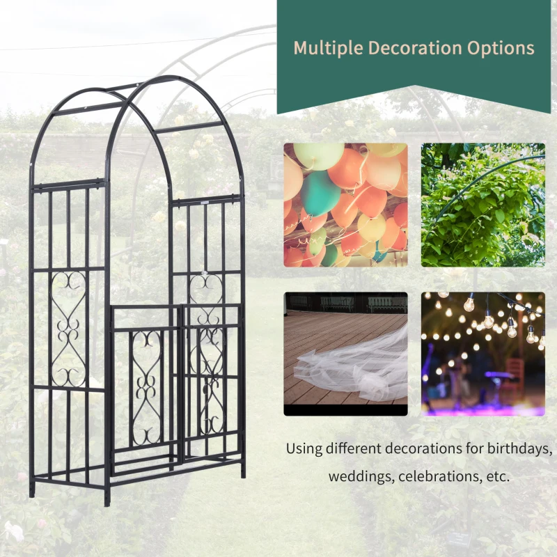 Outsunny 81" Steel Garden Arch with Gate Outdoor Courtyard Arbor for Climbing Vine Plants Lawn Backyard Decoration Dark Grey