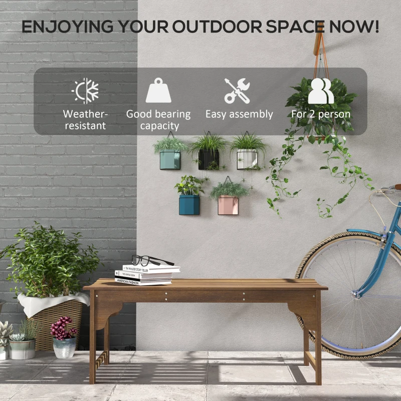 Outsunny Wooden Garden Bench, Patio Double Park Bench with Slatted Seat, Front Porch Backless Bench, Teak