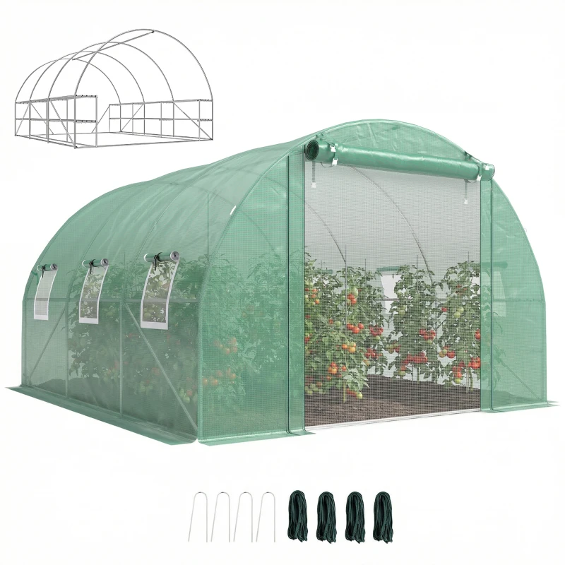 Outsunny 10'x11'x6' Walk-in Tunnel Greenhouse with Shelves, Mesh Door and Windows, Hoop House Greenhouse with PE Cover, Green