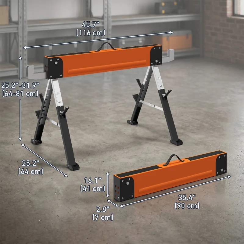 HOMCOM Saw Horses 2 Pack, Folding Heavy Duty Sawhorses with Adjustable Height and 2x6 Bracket, Carry Handle, Orange