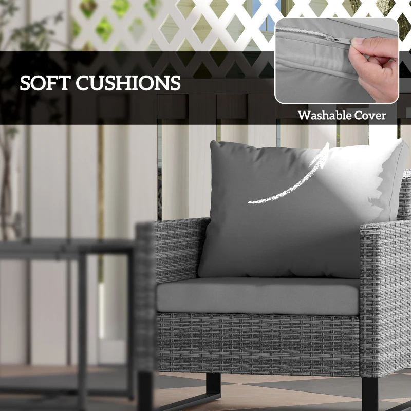Outsunny 3PCS Patio Set, Wicker Bistro Set with Cushions, Rattan Chairs, Glass Coffee Table for Backyard, Porch, Balcony, Gray