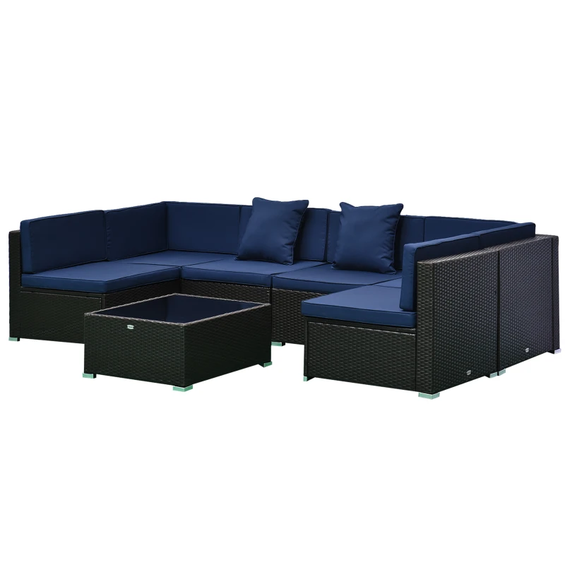 Outsunny 7 Piece Patio Furniture Set, Wicker Outdoor Sectional Sofa Set, Dark Blue