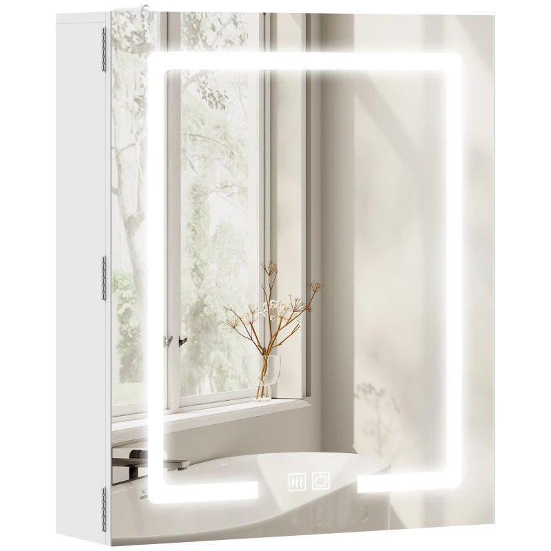 HOMCOM Bathroom Medicine Cabinet with Lights, Wall Mounted Medicine Cabinet with Mirror Demister Pad, Adjustable Shelves, White