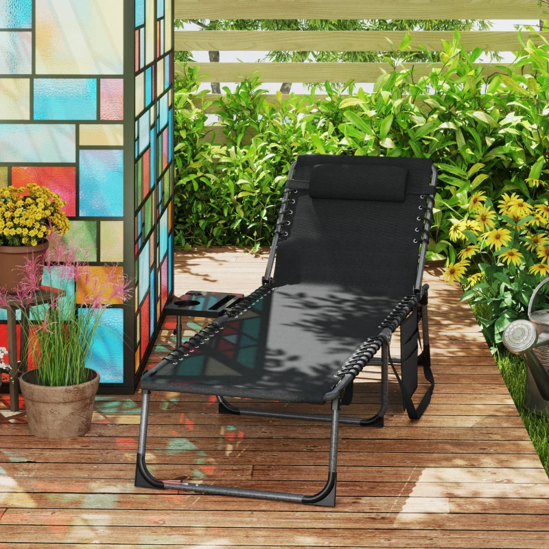 Outsunny Folding Outdoor Chaise Lounge Chair Tanning Chair with 5-Level Adjustable Back, Side Table, Pillow, Pocket, Black