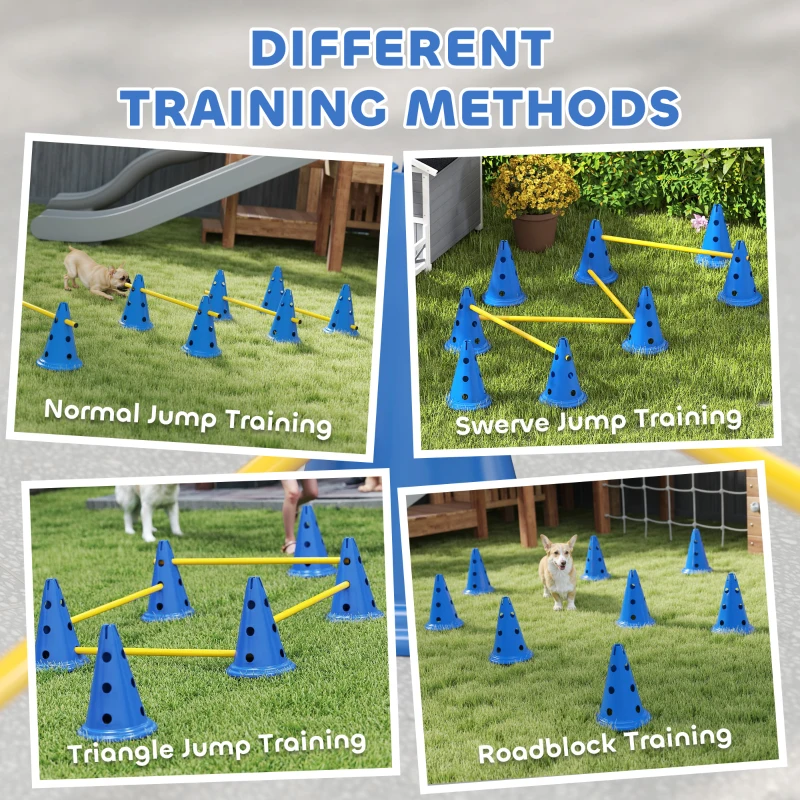 PawHut Dog Agility Hurdle Cone Set, Adjustable Obstacle Course Equipment with 8 Cones & 8 Poles, Carry Bag, Blue