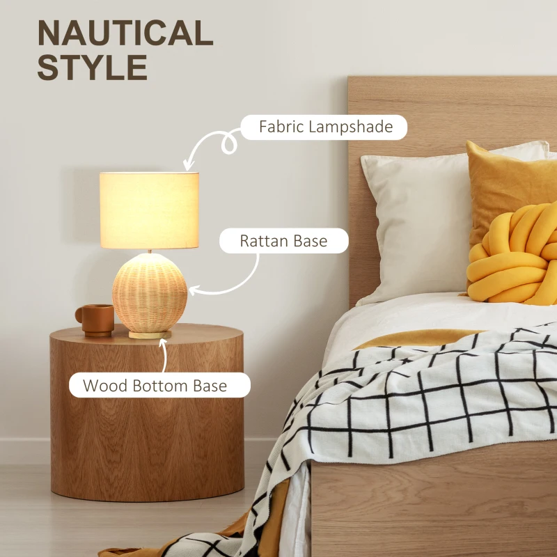 HOMCOM Nautical Style Table Lamp, Bedside Reading Light with White Fabric Lampshade and Rattan Base for E26 LED or Halogen Bulb for Living Room, Natural