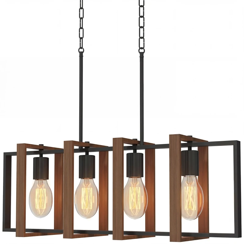 HOMCOM Farmhouse Kitchen Island Lighting, Linear Pendant Light with 4 Rotatable Frames and Adjustable Height, Walnut