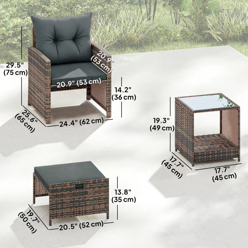 Outsunny 5 Piece Patio Furniture Set, Wicker Patio Chairs with Ottomans, 2-Tier Glass Coffee Table and Cushions, Brown/Dark Grey