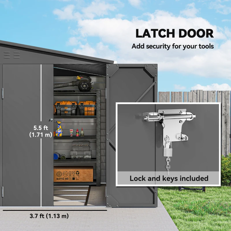 Outsunny 4.6' x 9' Steel Outdoor Storage Shed, Lean to Shed, Metal Tool House with Foundation Kit, Lockable Doors, Gloves and 2 Air Vents for Backyard, Patio, Lawn, Dark Grey
