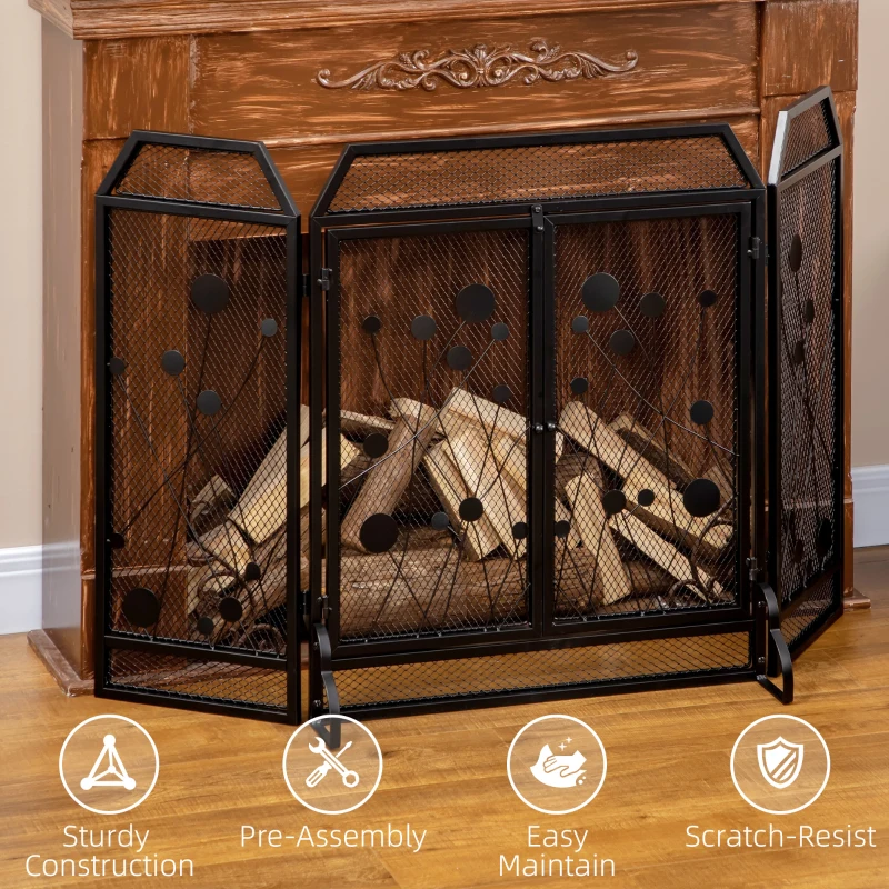 HOMCOM 3-Panel Metal Fireplace Mesh Screen Home Folded Steel Spark Protection with Magnetic Doors 49.25" x 31.5", Black