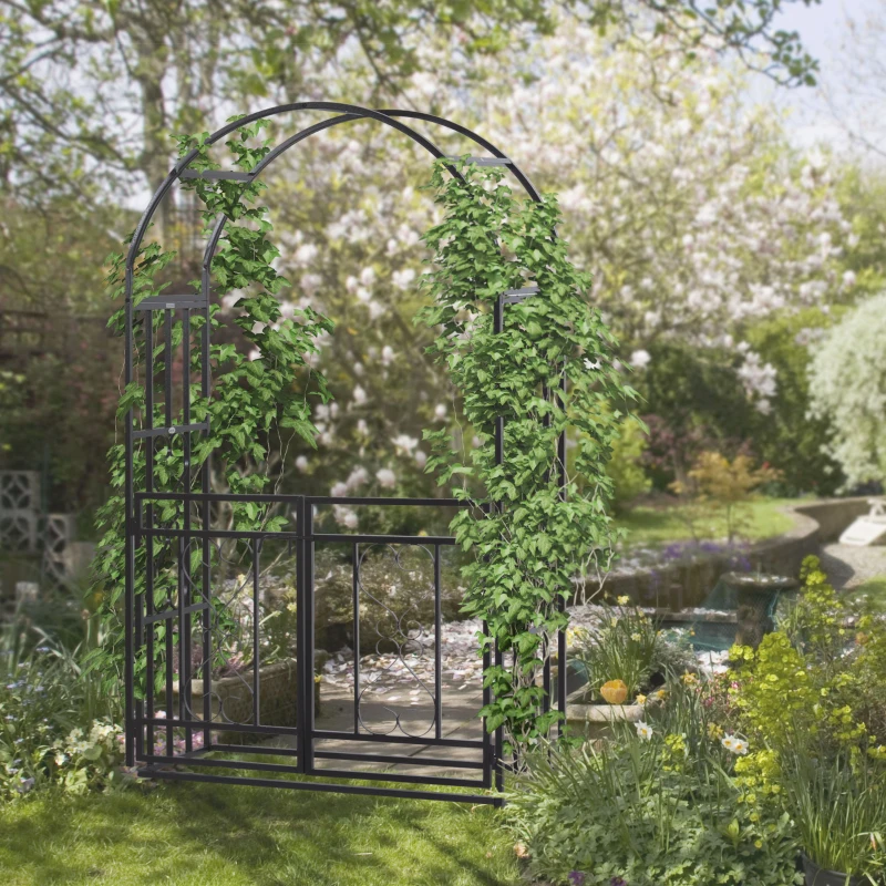Outsunny 81" Steel Garden Arch with Gate Outdoor Courtyard Arbor for Climbing Vine Plants Lawn Backyard Decoration Dark Grey