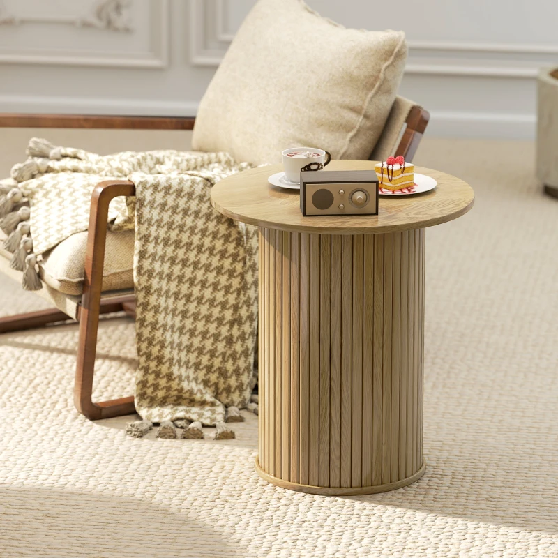 HOMCOM Round Side Table, Fluted Accent End Table, Narrow Nightstand for Small Spaces, Living Room, Oak