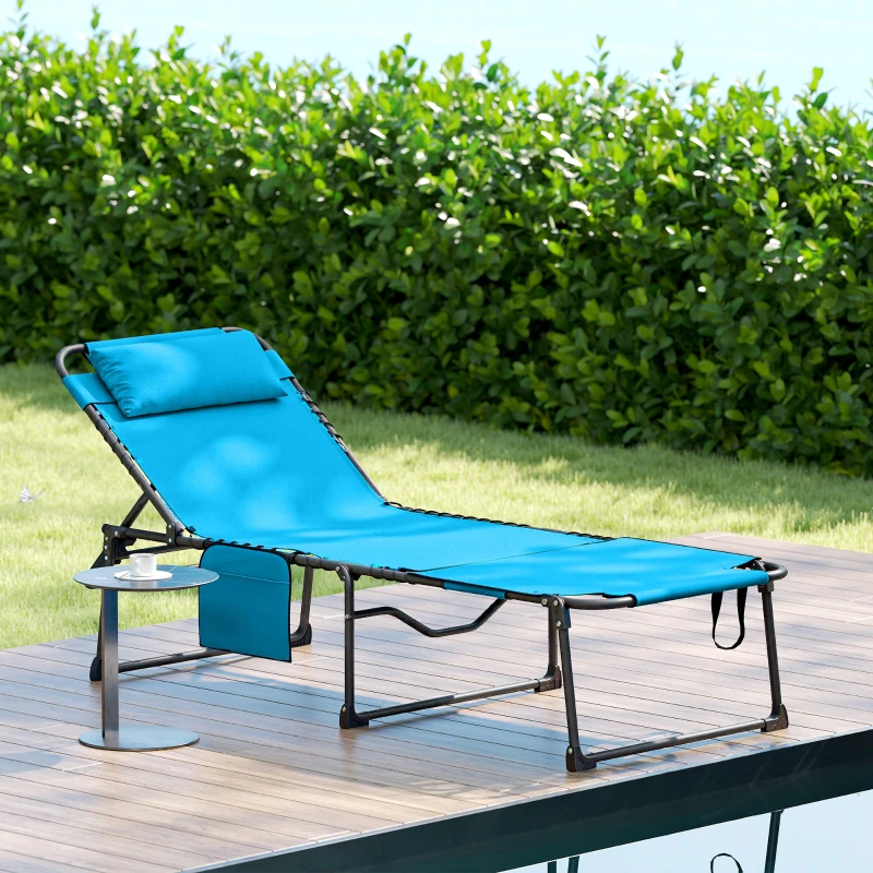 Outsunny Folding Chaise Tanning Lounge Chair w/ 5-level Reclining Back, Reading Hole, Side Pocket, Headrest, Blue