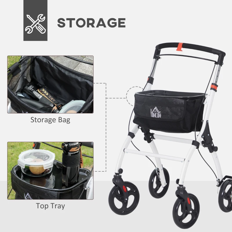 HOMCOM Upright Walker Rollator, Rolling Walker with Storage Bag, Tray, Dual Brakes, Adjustable Height, for Seniors, White