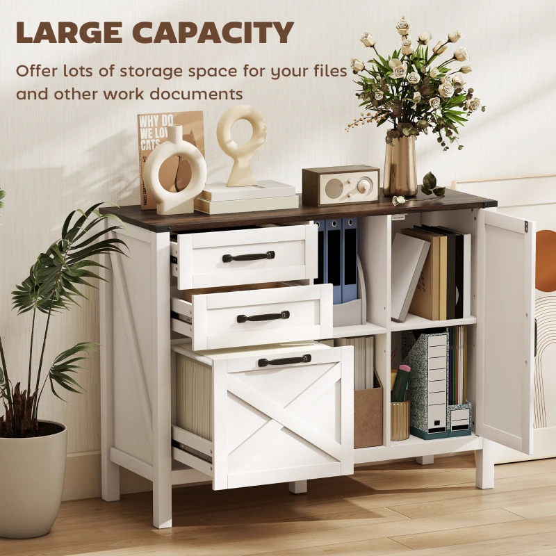 HOMCOM Lateral Filing Cabinet with Drawers, Shelves, Adjustable Hanging Bar for Home Office, Fit A4/Letter Files, White