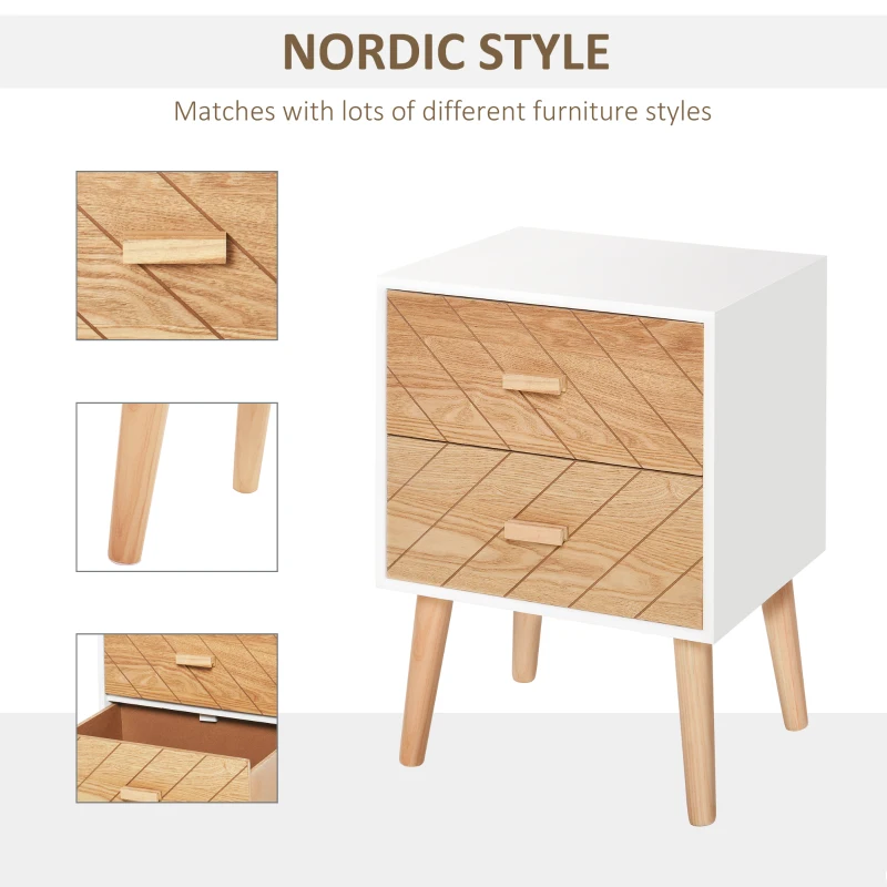 HOMCOM Nordic Bedside Table, Side End Table with 2 Drawers for Bedroom, 15.7"W x 11.8"D x 21.9"H, White