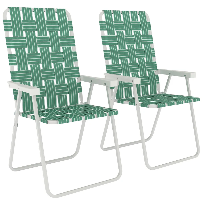 Outsunny Set of 2 Folding Patio Chairs, Portable Chair Set with Armrests for Camping, Garden, Pool, Beach, Backyard, Green
