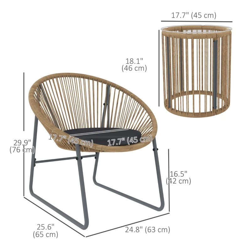 Outsunny Outdoor Bistro Set, 3 Piece Wicker Patio Furniture Set with 2 Chairs and Glass-Top Table, Natural Wood