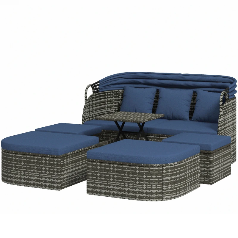 Outsunny 6-Piece Patio Set, PE Rattan Outdoor Daybed with Canopy and Lift up Coffee Table, Conversation Sofa Sets w/ Footstools