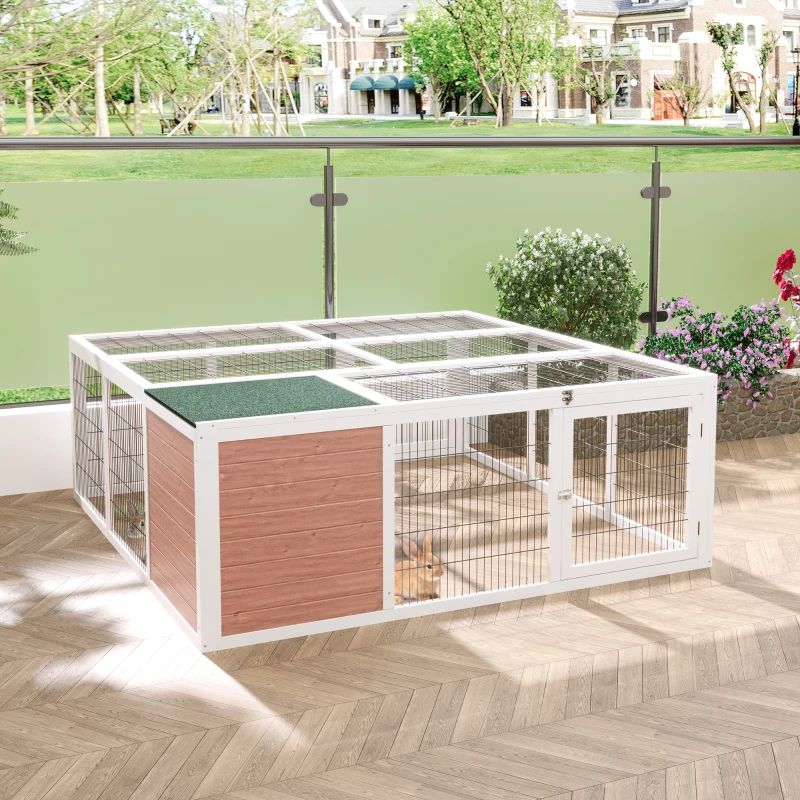 PawHut 64" Outdoor Rabbit Hutch Playpen, Wooden Tortoise House Habitat, Bunny Cage with Run and Enclosed Cover, for Rabbits, Chickens, Ducks, Indoor, Brown