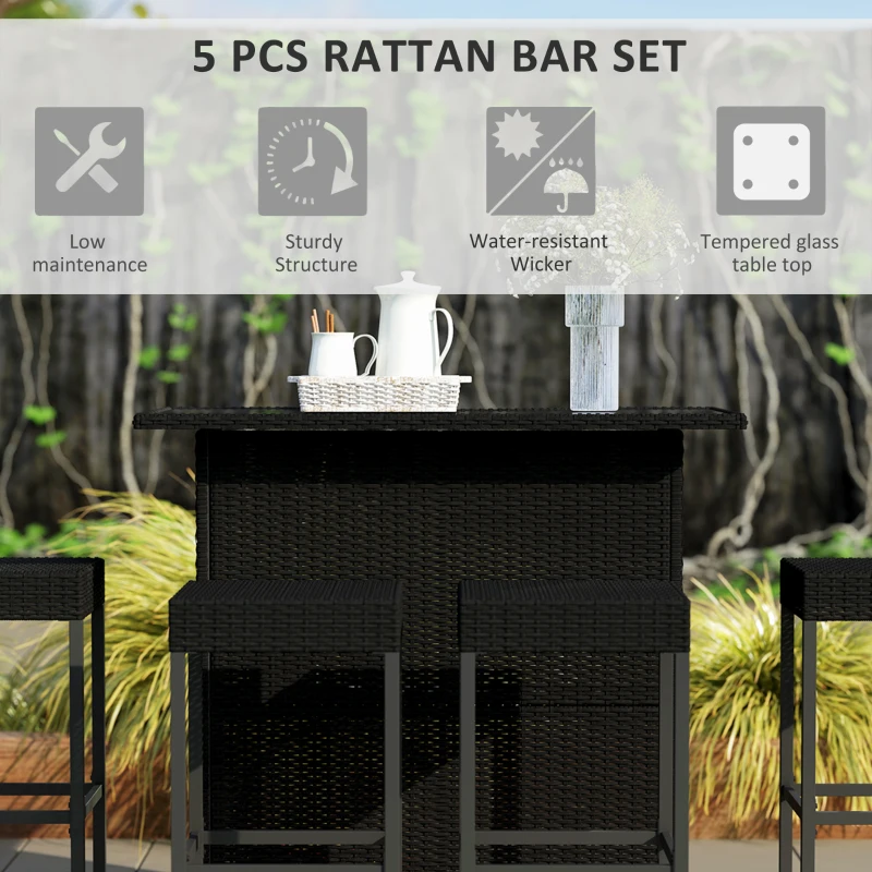 Outsunny 5 Pieces Patio Bar Set, Outdoor PE Rattan Wicker High Top Outdoor Table and Chairs Outdoor Bar Set with Tempered Glass Top Bar Table and Shelves, 4 Bar Chairs, Black