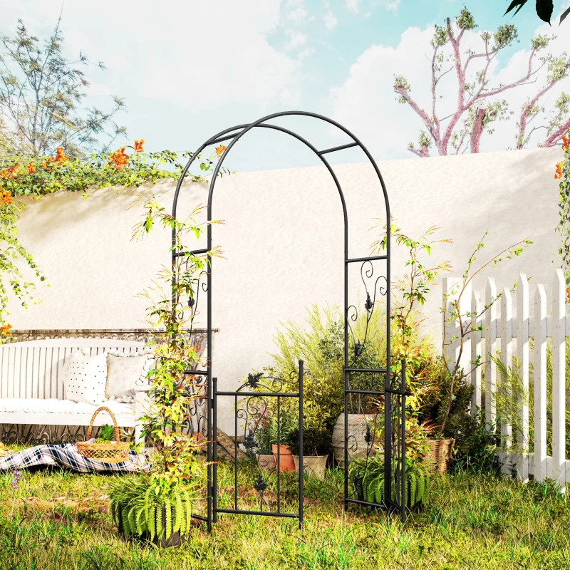 Outsunny 7ft Steel Garden Arch with Gate, Garden Arbor Trellis for Climbing Plants, Roses, Vines, Wedding Arch for Outdoor, Garden, Lawn, Backyard, Black
