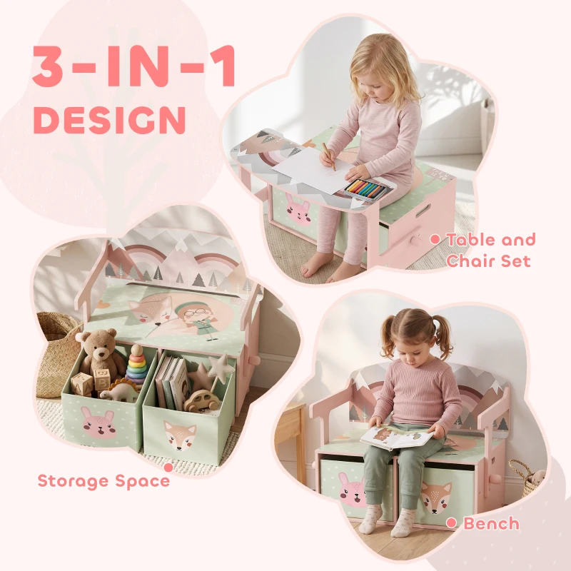 Qaba Kids Toy Box Chest, 3-in-1 Convertible Storage Chest with 2 Non-Woven Drawers for Bedroom, Kids Room for Ages 3-6, Pink